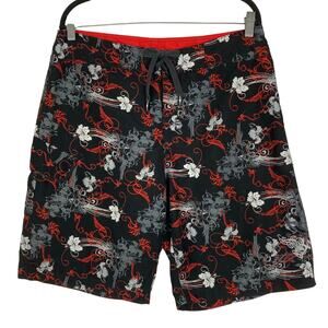 nwot PUMA Swim Trunks Men L Black Floral Red White Cargo-Flap-Pocket Lace-Up